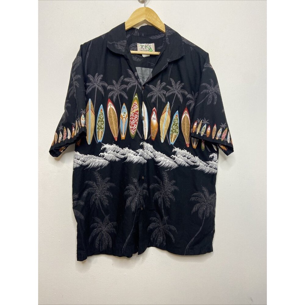 KY's Hawaiian Shirt Mens XL Surf Board  Macaw Surfing Cotton Made in USA